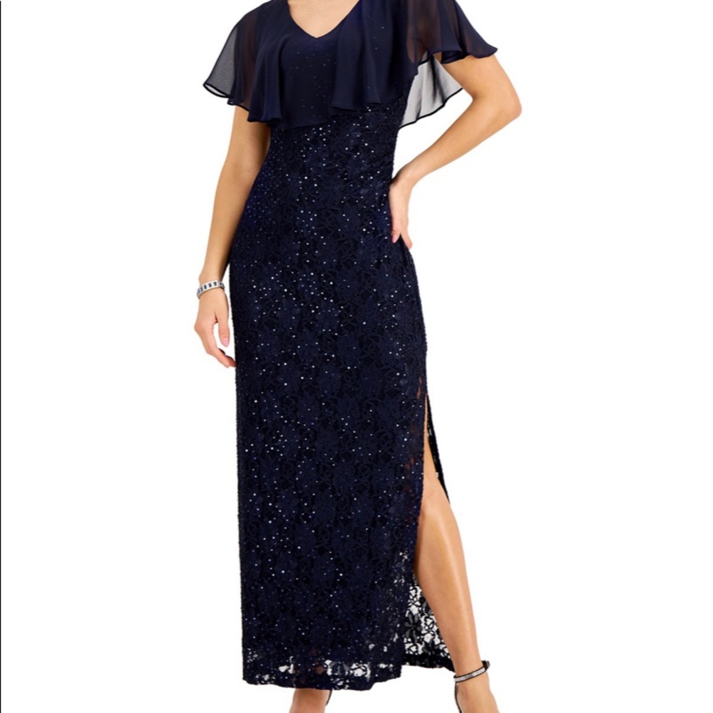 Beautiful chiffon maxi gown from Connected. Lace overlay with sequins. New.